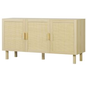 HOMCOM Kitchen Storage Cabinet, Garage Cabinets with 3 Rattan Doors and Adjustable Shelves, Boho Accent Cabinet for Living Room, Natural