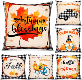 6 Pack Thanksgiving Pillow Covers 18x18 Inch Farmhouse Buffalo Plaid Throw Pillows Truck Pumpkin Cases Fall for Couch Sofa Outdoor Indoor Home Decorat