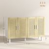 HOMCOM Boho Kitchen Cabinet, Buffet Cabinet with 4 Rattan Doors and Adjustable Shelves for Dining Room, White and Natural